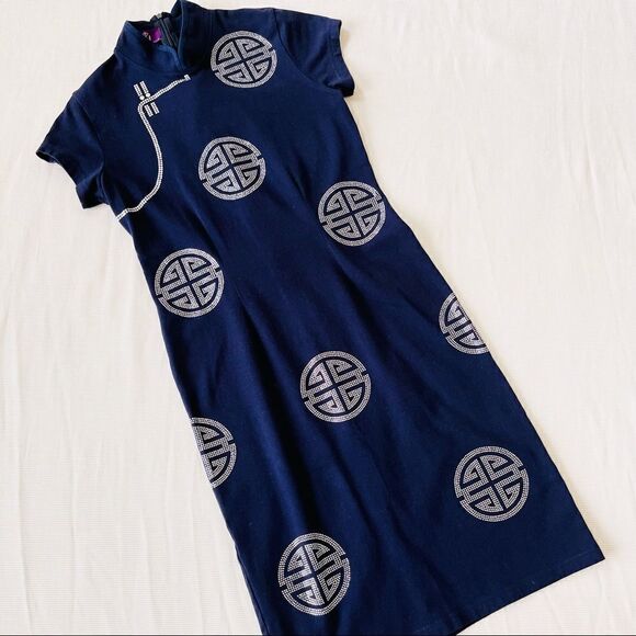 Womens Dress Short Shortsleeve High Neck Navy Asian Sparkly Party Fashion Small - Picture 2 of 4